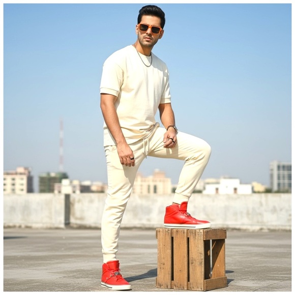 Versace Men's ‘Medusa’ High-Top Leather Sneakers w/ Hardware. Red, White. US 9 - Picture 4 of 13